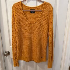 Abercrombie & Fitch Women Size Large Mustard Yellow Goldenrod Open Knit Sweater